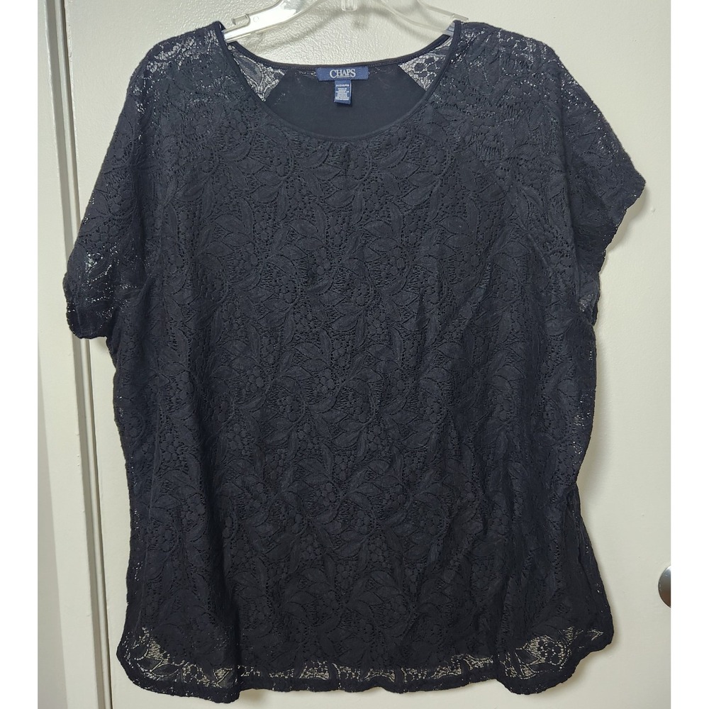 Chaps Womens Black Lace Overlay Short Sleeve Top NWT 2XL Dark Romantic Goth